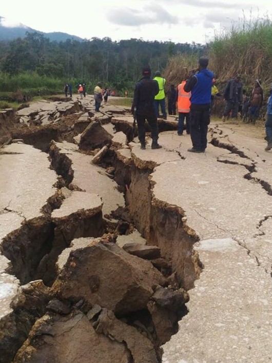 Damaged road after M7.5 earthquake in PNG on February 25, 2018 