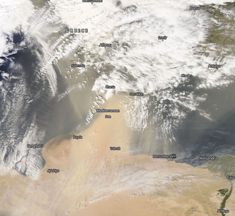 Saharan sand reaching Crete on March 22, 2018 - no coastline layer