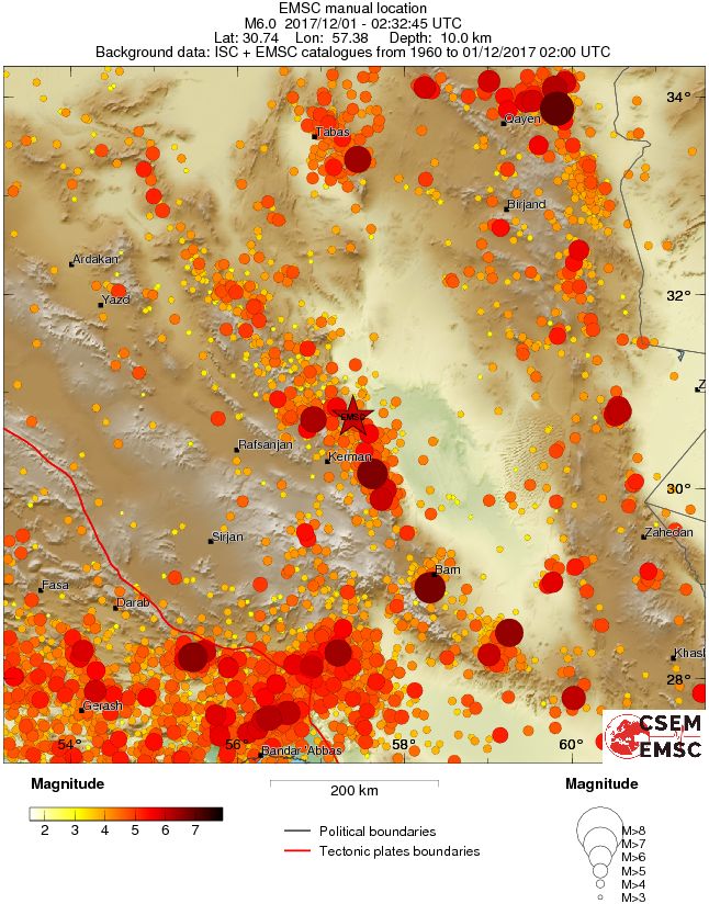 Kerman, Iran earthquake December 1, 2017 - Regional seismicity