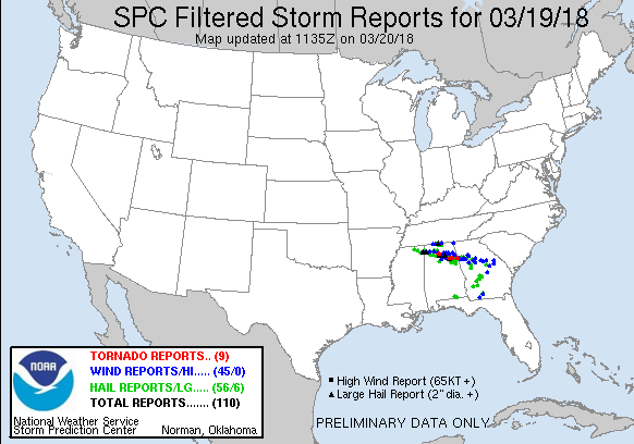 SPC Filtered Storm Reports March 19-20, 2018