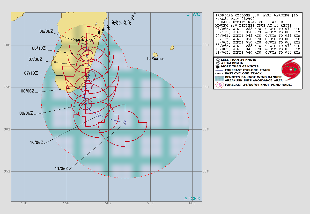Tropical Cyclone Ava JTWC forecast track at 09:00 UTC on January 6, 2018.