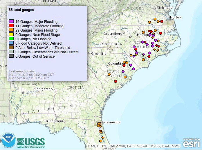 Flooding gauges North Carolina, South Carolina and Virginia - 12:00 UTC on October 11, 2016
