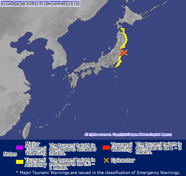 Tsunami warnings and advisories following M7.3 earthquake of November 21, 2016, Japan