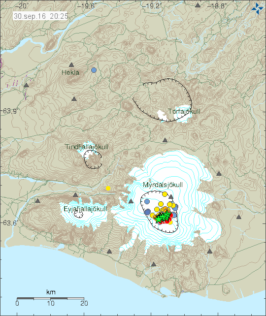 Earthquakes under Katla volcano, Iceland on September 30, 2016