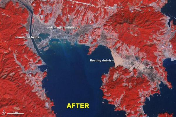 Tsunami flooded areas after devastating 9.0 magnitude earthquake, Japan