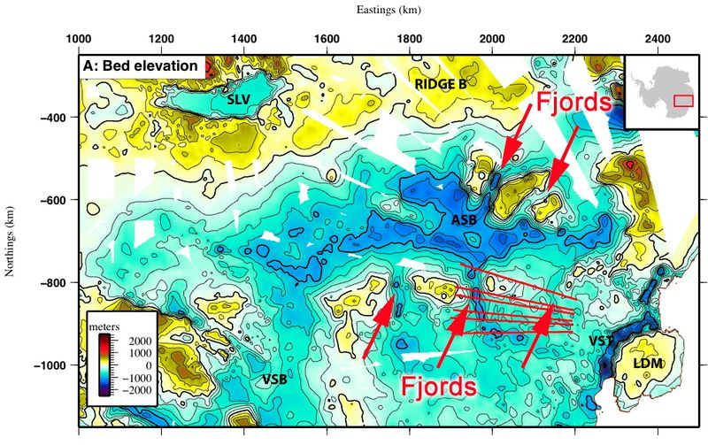 Radar reveals fjords hidden beneath Antarctic ice
