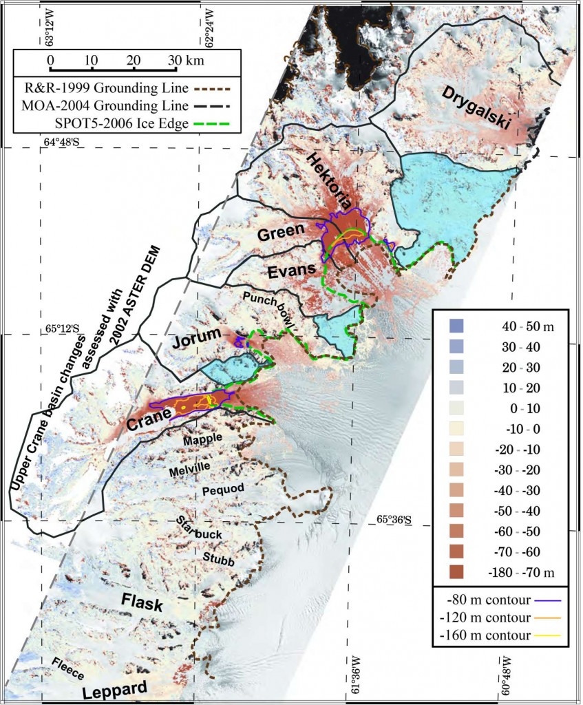  A map showing elevation changes of tributary glaciers from 2001-2006