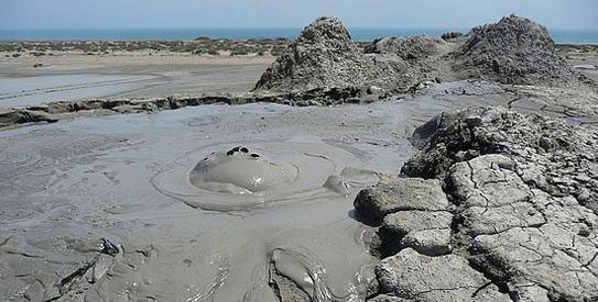 Mud volcanoes that arose from ocean emitting methane in Pakistan