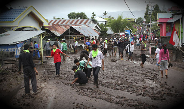 Gamalama volcano mudflows swept through the village of Desa Tobu in Indonesia