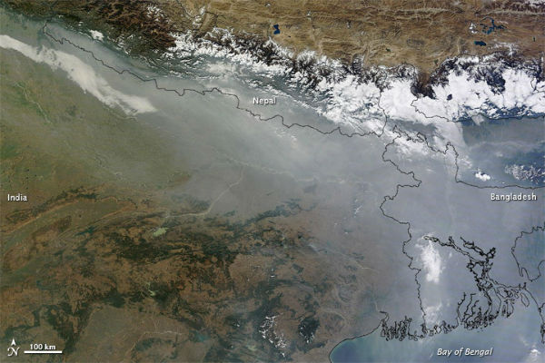 The the Moderate Resolution Imaging Spectroradiometer  (MODIS)  on NASA’s Terra satellite captured this natural-color image of  haze along the Himalaya on December 5, 2011. (Credit: NASA images courtesy  LANCE/EOSDIS MODIS Rapid Response Team at NASA GSFC. Caption by Michon Scott.)