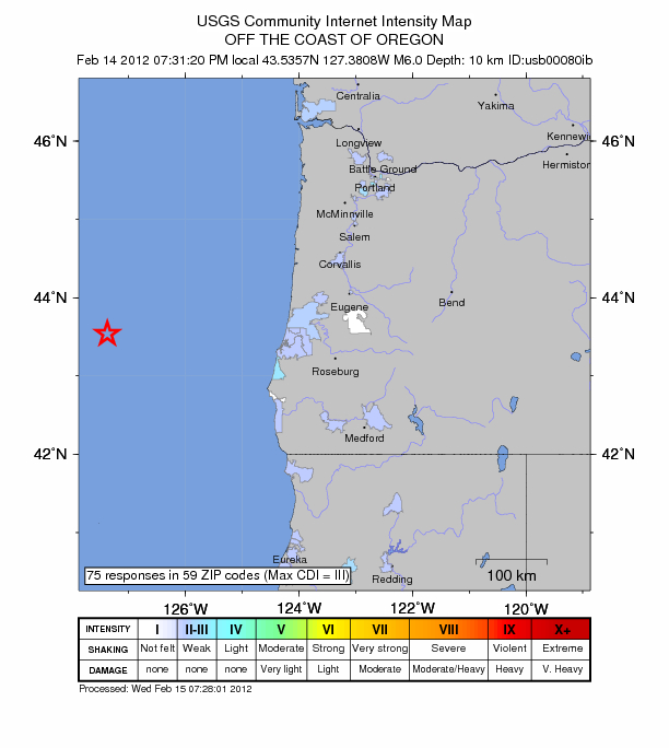 M 6.0 sea quake 256 km off the coast of Oregon