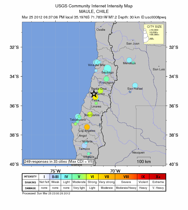 Very strong and extremely dangerous 7.1 magnitude earthquake struck Maule, Chile