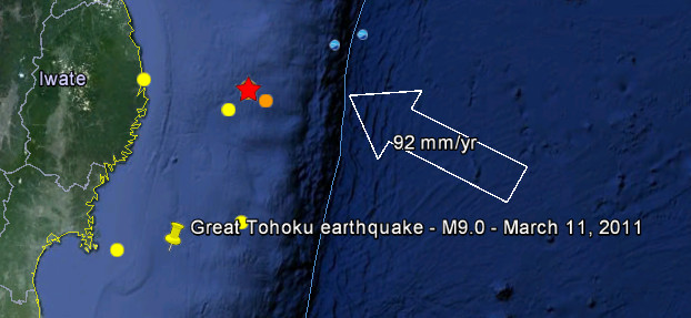 Three strong earthquakes struck near the March 11, 2011, M 9.0 area within three hours
