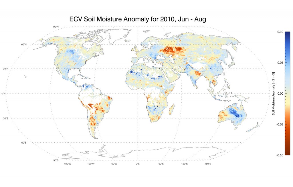 The soil moisture anomaly in the period June to August 2010 