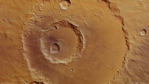 The image shows the main 120 km wide crater, with subsequent impacts at later epochs within it. Evidence of these subsequent impacts occurring over large timescales is shown by some of the craters being buried. Credits: ESA/DLR/FU Berlin (G. Neukum)