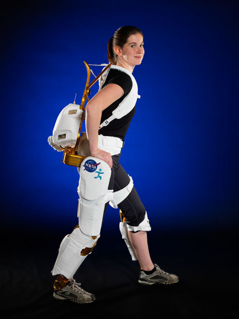 Project Engineer Shelley Rea demonstrates the X1 Robotic Exoskeleton.