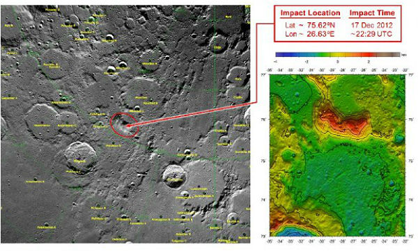 These maps of Earth’s moon highlight the region where the twin spacecraft of NASA’s Gravity Recovery and Interior Laboratory (GRAIL) mission will impact on Dec. Image credit: NASA/GSFC