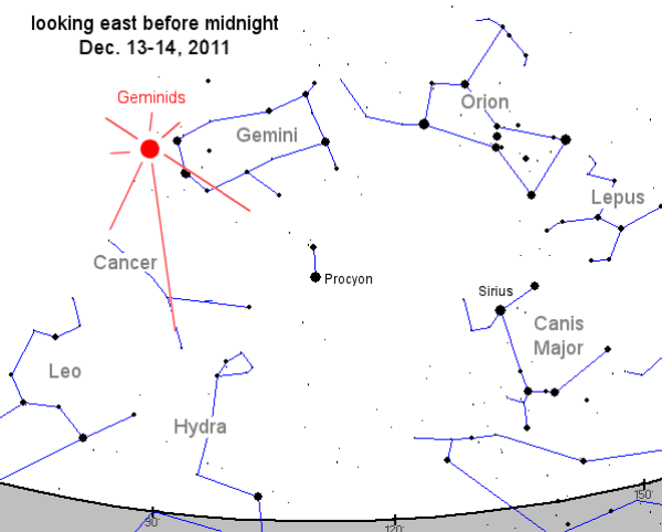Geminids sky map (Credit: SpaceWeather)