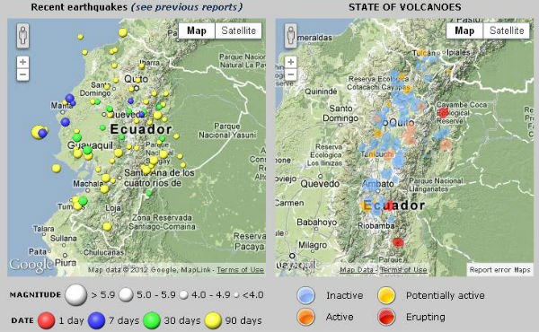 Recent earthquakes and volcano situation maps (Source: IGEPN)