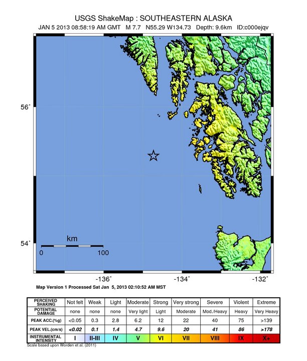 January 5, 2013 M 7.7 Alaska - USGS Shake Map
