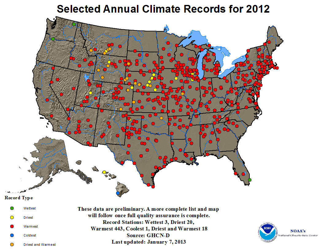 Select 2012 temperature and precipitation extremesClick image for additional details.Note: The Annual Climate Report for the United States has several pages of supplemental information and data regarding some of the exceptional events 2012.