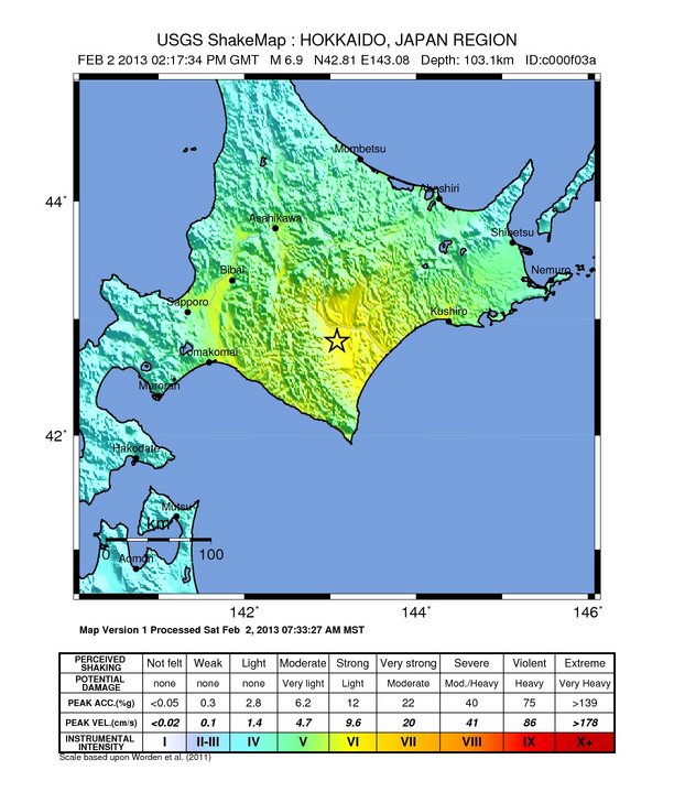 February 2, 2013 - Magnitude 6.9 - Hokkaido, Japan - ShakeMap