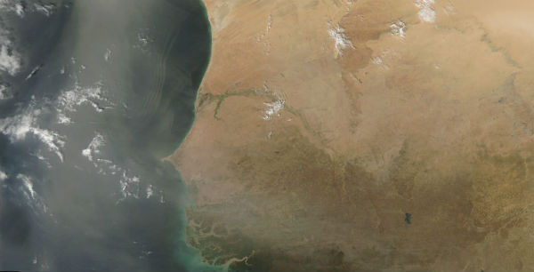 Dust off West Africa coast from Western Sahara to Guinea Bissau and over Niger, Chad and Nigeria