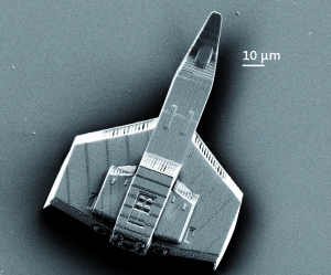 Hellcat on the microscale, fabricated with a Photonic Professional system. Depicts how printing a miniaturized object like a spaceship model is reduced to less than one minute without loss of quality (Credits: Nanoscribe)