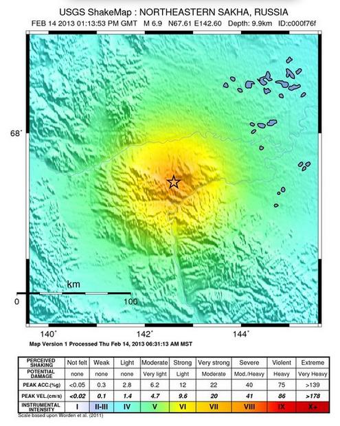 Shakemap of earthquake's epicenter in northeastern sakha region of Russia. Credits: USGS