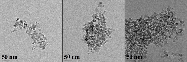 In the three images above, transmission electron microscopy images show spherical silicon nanoparticles about 10 nanometers in diameter. Credit: Swihart Research Group, University at Buffalo.