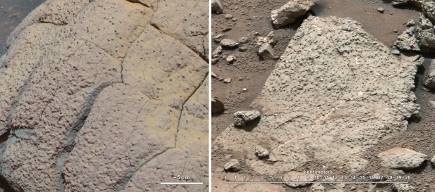 This set of images compares rocks seen by NASA's Opportunity rover and Curiosity rover at two different parts of Mars. On the left is " Wopmay" rock, in Endurance Crater, Meridiani Planum, as studied by the Opportunity rover. On the right are the rocks of the "Sheepbed" unit in Yellowknife Bay, in Gale Crater, as seen by Curiosity. Image credit: NASA/JPL-Caltech/Cornell/MSSS