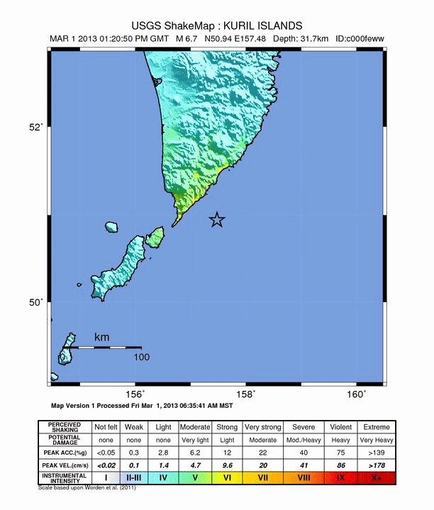 Shake map animation of kuril islands earthquake. Credits: USGS