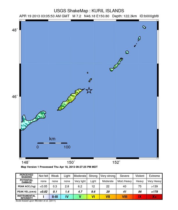 April 19, 2013 - Kuril Islands - M 7.2 - shake map