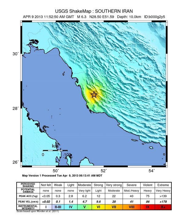 April 9, 2013 - Iran - M 6.3 shallow earthquake - shake map