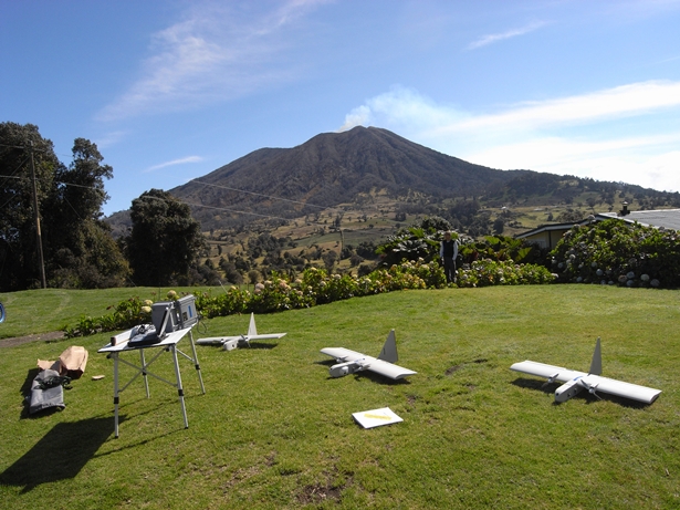  repurposed Aerovironment RQ-14 Dragon Eye unmanned aerial vehicles acquired from the United States Marine Corps to study the sulfur dioxide plume of Costa Rica's Turrialba volcano. Image credit: Google/NASA/Matthew Fladeland 