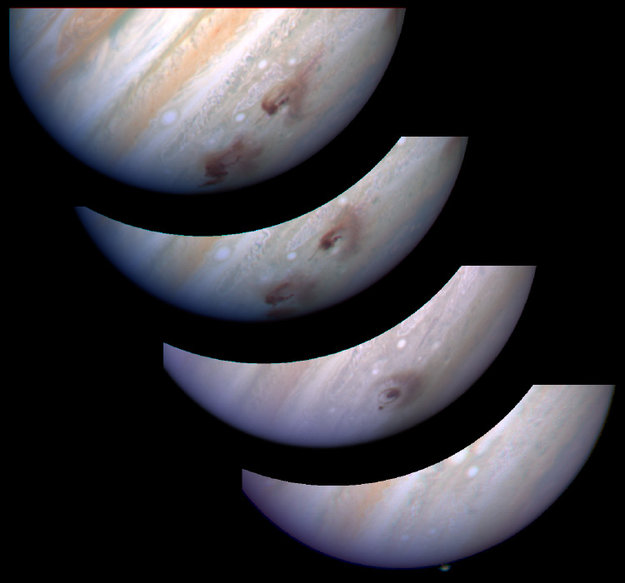This mosaic of WFPC-2 images shows the evolution of the G impact site on Jupiter (the 21 comet fragments of Shoemaker-Levy 9 were each assigned a corresponding letter to identify the impact site; G represents the 7th fragment to strike the planet. It was also the largest impact.). Credits: R. Evans, J. Trauger, H. Hammel and the HST Comet Science Team