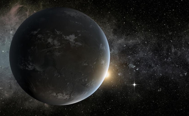 The artist's concept depicts NASA's Kepler misssion's smallest habitable zone planet. Seen in the foreground is Kepler-62f, a super-Earth-size planet in the habitable zone of a star smaller and cooler than the sun, located about 1,200 light-years from Earth in the constellation Lyra. Image credit: NASA Ames/JPL-Caltech