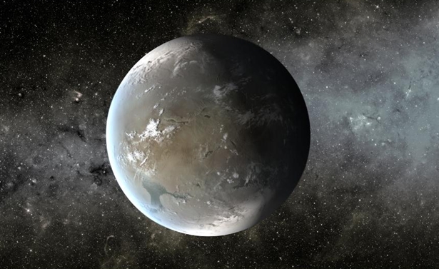 The artist's concept depicts Kepler-62f, a super-Earth-size planet in the habitable zone of a star smaller and cooler than the sun, located about 1,200 light-years from Earth in the constellation Lyra. Image credit: NASA Ames/JPL-Caltech