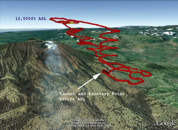 Launch and recovery points of flights into the volcanic plume and along the rim of the Turrialba summit crater approx. 10,500 feet above sea level. Image credit: NASA/ Matthew Fladeland