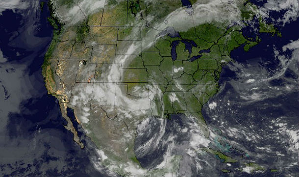 Unusual clockwise storm system moving across United States