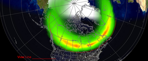 Geomagnetic storming in progress, bright auroras formed around the Arctic Circle