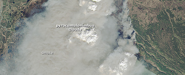 Pyrocumulonimbus clouds above Funny River Fire seen from space