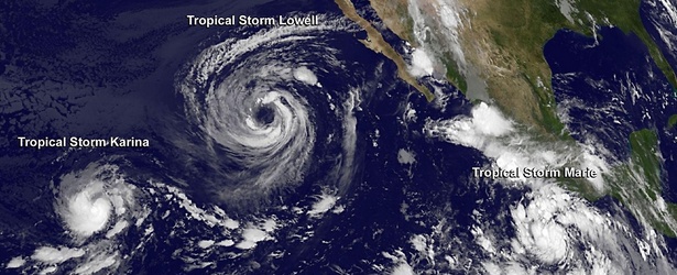 A triple tropical tempest train: Tropical Storm/Hurricane “Karina”, tropical storms “Lowell” and “Marie”