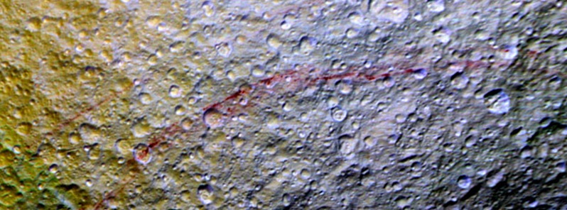 Unusual red arcs spotted on the surface of Saturn’s icy moon Tethys