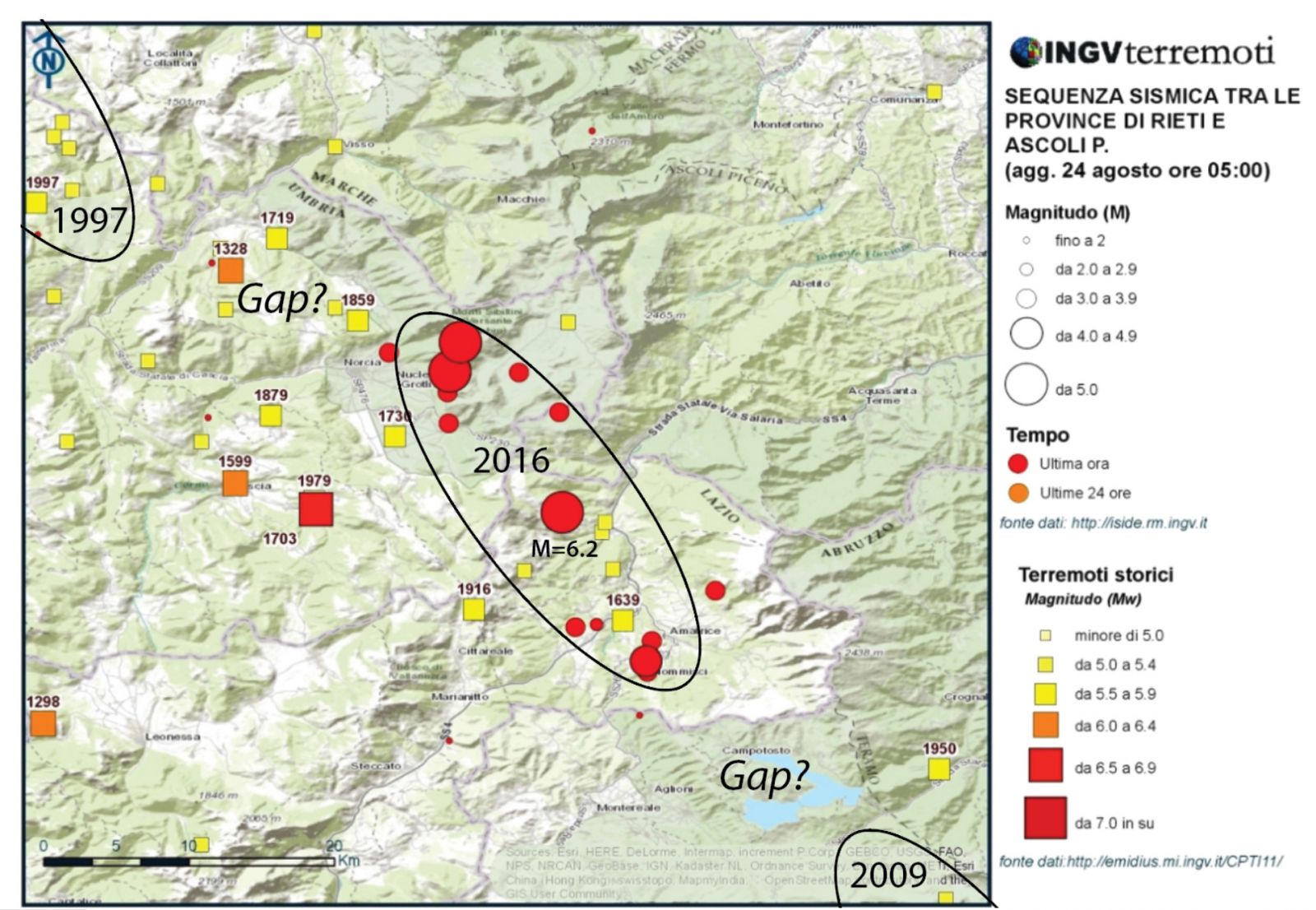 2016 earthquake location compared to 1997 and 2009 earthquakes. Image credit: Temblor.net/INGV