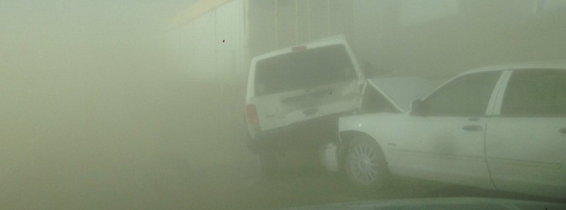 Blinding dust storm sweeps through San Bernardino causing large traffic collision, California
