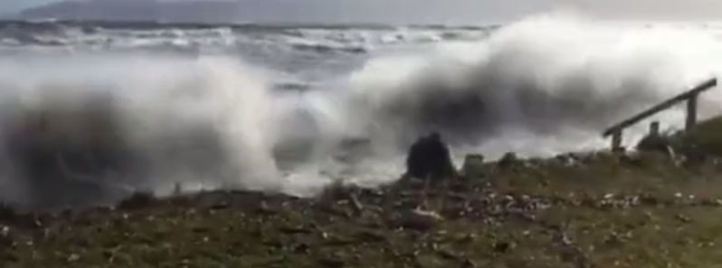 Huge waves and strong winds wash away 10 m (33 feet) high seawall, New Zealand