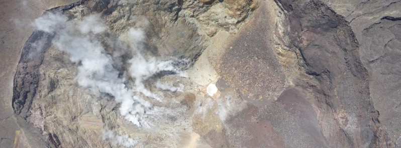 Drone views steam plumes inside the crater of Agung volcano, Bali