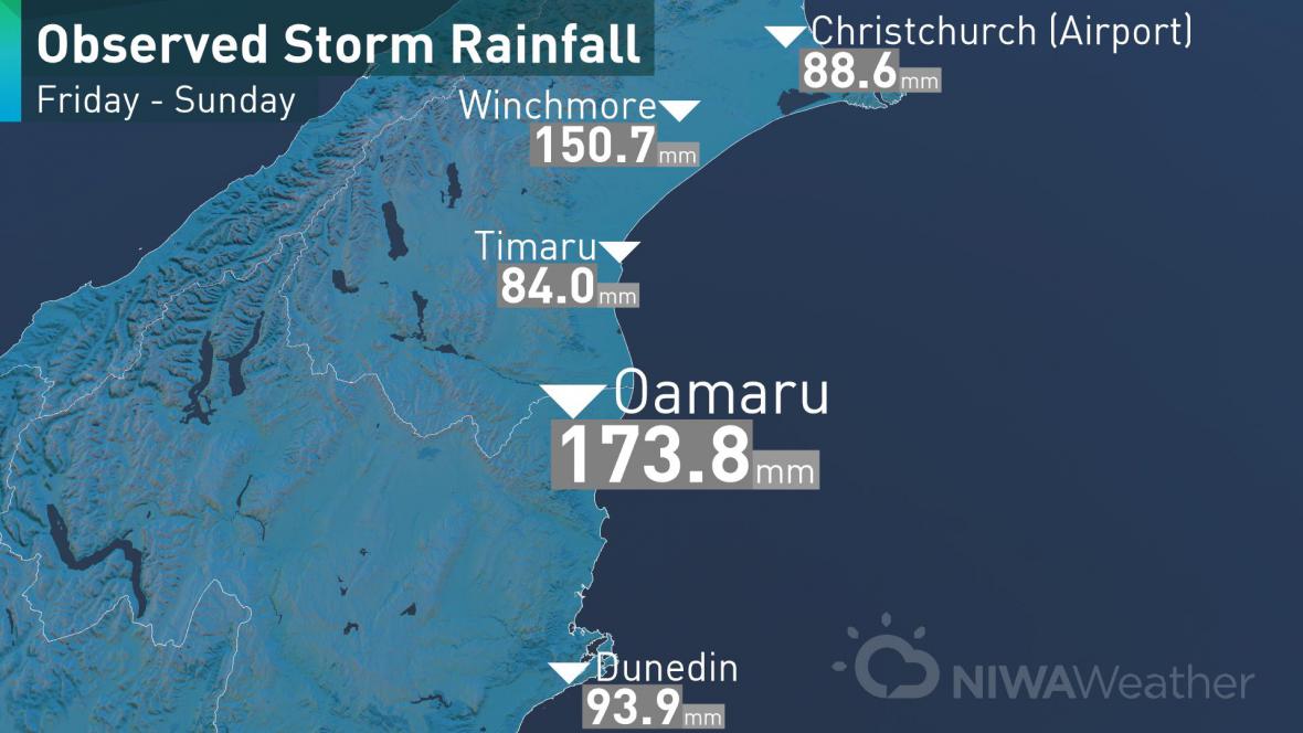 Observed storm rainfall in the South Island, July 21 - July 23, 2017