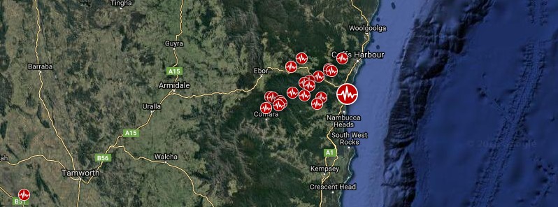 Earthquake swarm in progress along the coast of NSW, Australia
